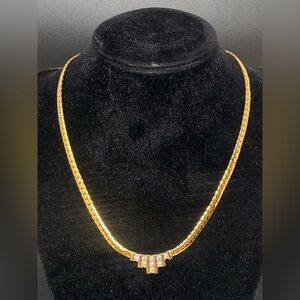 Nina Ricci Gold Tone Herringbone Necklace Rhinestones